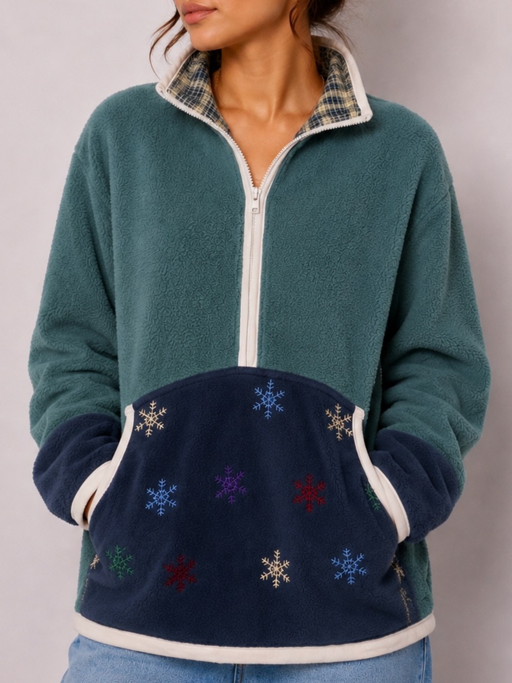 Vintage Fleece Jacket Fall Snowflake Embroidery Cozy Half Zip Pocket Soft Warm